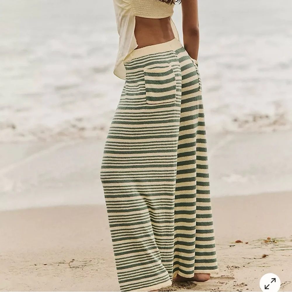 Free People Green and Cream Striped Wide Leg Pants - Picture 2 of 13